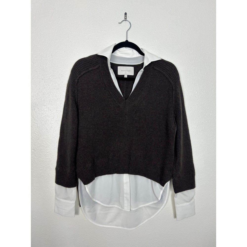Brochu Walker Looker Layered V-Neck Sweater Wool Cashmere Char Brown Melange S - Picture 4 of 11
